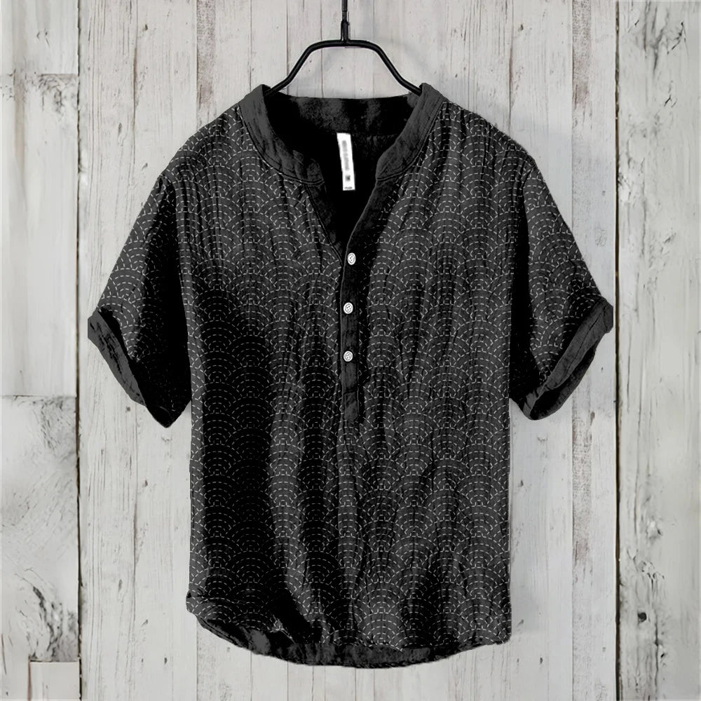 Men's short sleeve POLO shirt linen blend clothing retro line pattern Hawaiian holiday fashion comfortable men's tops