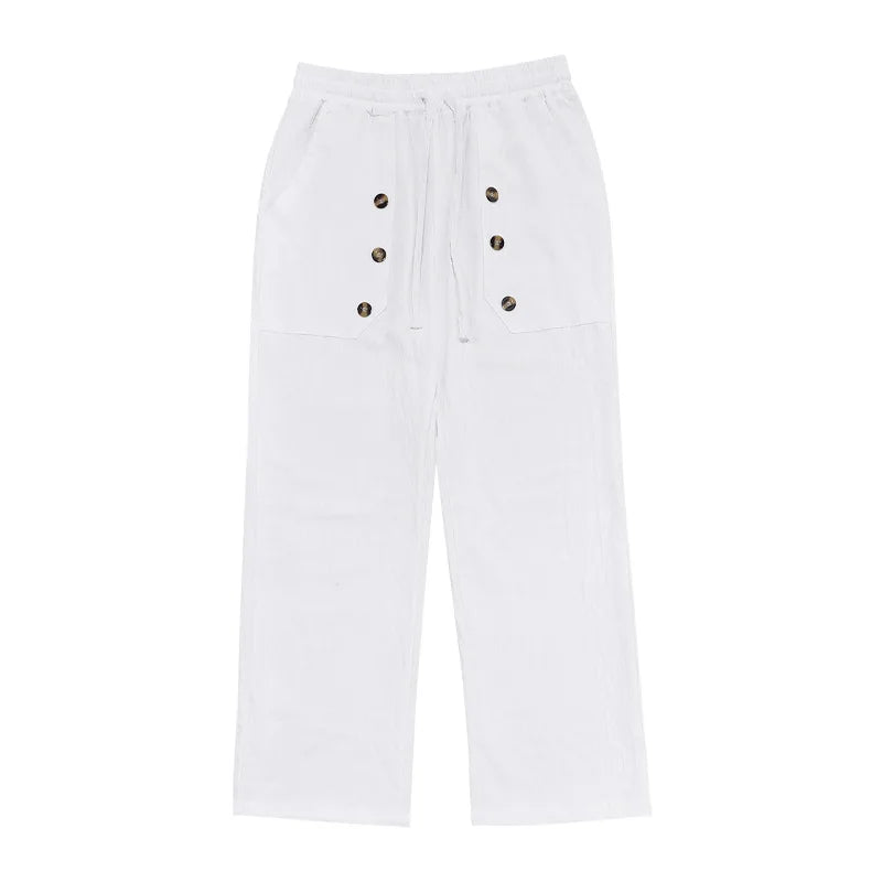2024 Casual Weiyi Beach Men's Trousers Spring and Autumn Leisure Multi-Button Comfortable Cotton and Linen Loose Trousers