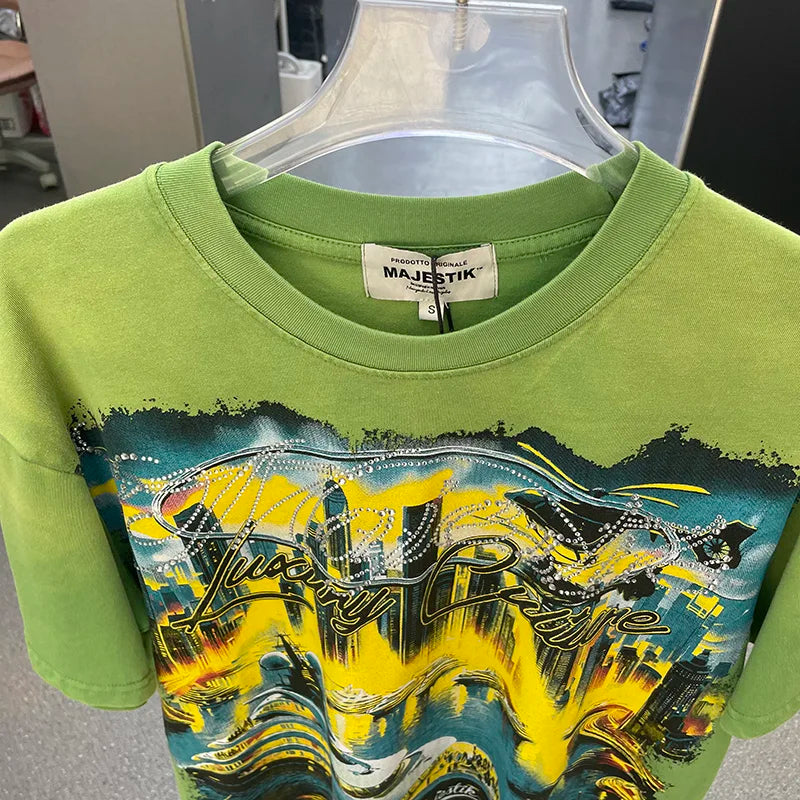High Quality Men Woman Loose Retro Tee Washed Green Rhinestone Fashion MAJESTIK T Shirt Cotton Streetwear Graphic Print