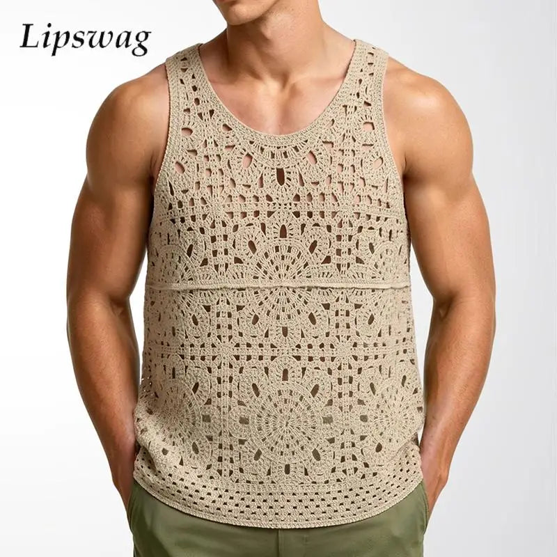 Sexy Hollow Out Knit Crochet Tank Tops Mens Summer New Casual Breathable See Through Vest Shirt Men Stylish Sleeveless Camisoles