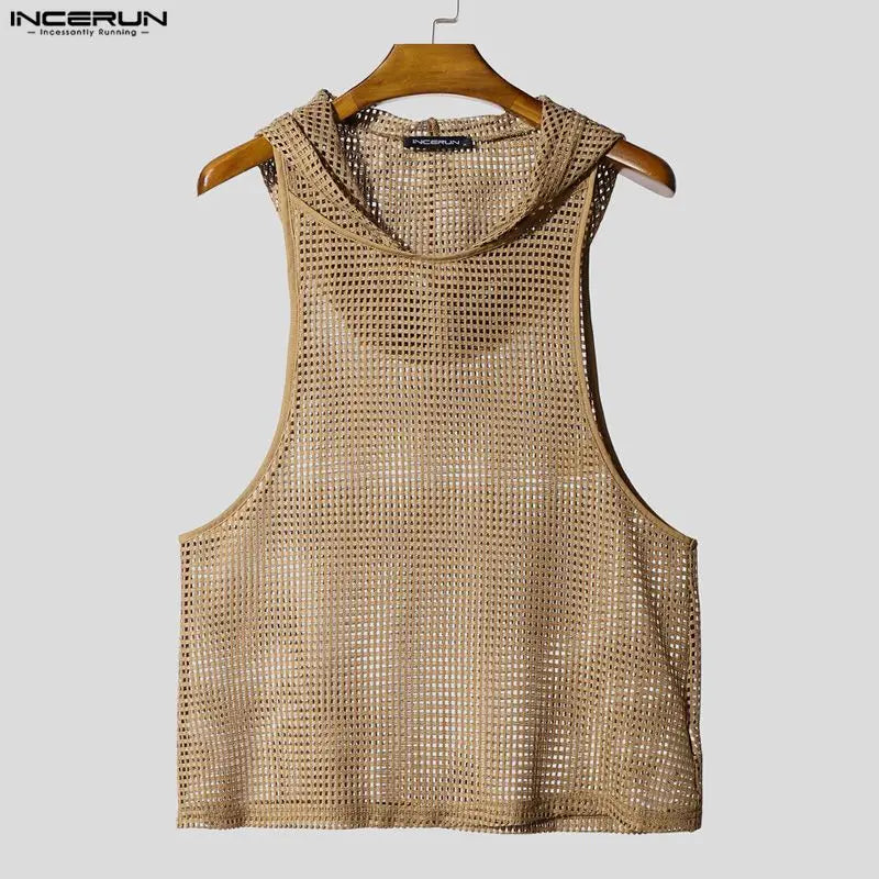 INCERUN Men Tank Tops Mesh Hollow Out Sexy See Through Hooded Sleeveless Male Vests Solid Streetwear Fashion Men Clothing S-3XL