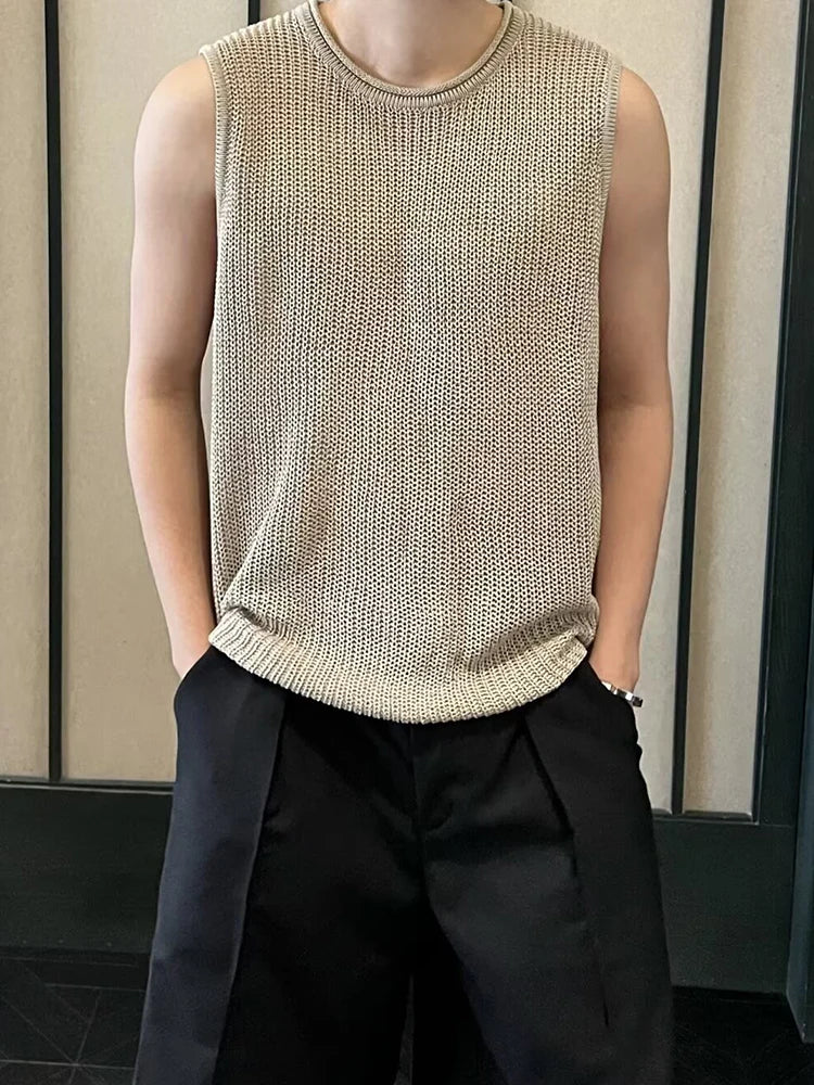 Summer Seaside Beach Casual Hollow Out Tank Tops Men Vintage Solid Color Sleeveless Knit Camisoles Mens Stylish Crew Neck Vest