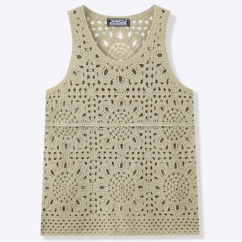 Sexy Hollow Out Knit Crochet Tank Tops Mens Summer New Casual Breathable See Through Vest Shirt Men Stylish Sleeveless Camisoles