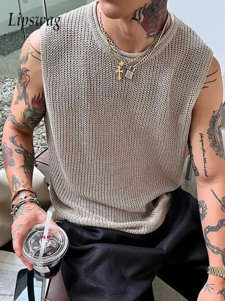 Summer Seaside Beach Casual Hollow Out Tank Tops Men Vintage Solid Color Sleeveless Knit Camisoles Mens Stylish Crew Neck Vest