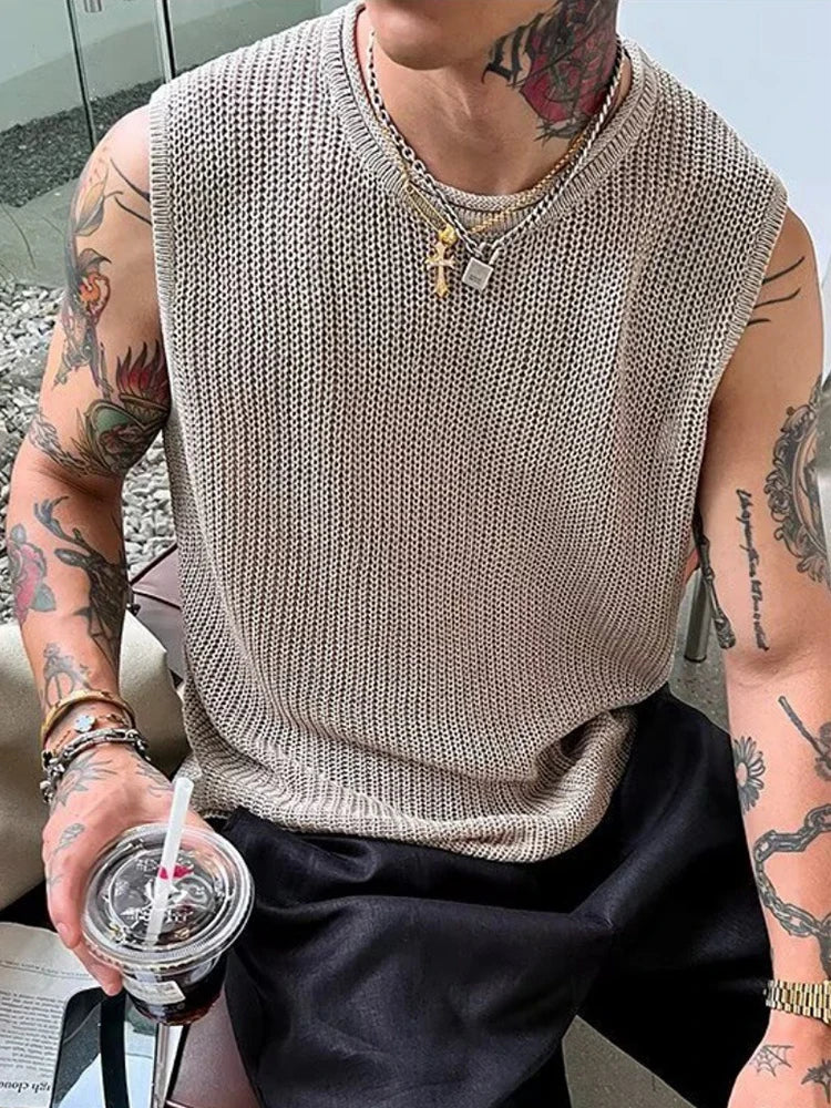 Summer Seaside Beach Casual Hollow Out Tank Tops Men Vintage Solid Color Sleeveless Knit Camisoles Mens Stylish Crew Neck Vest