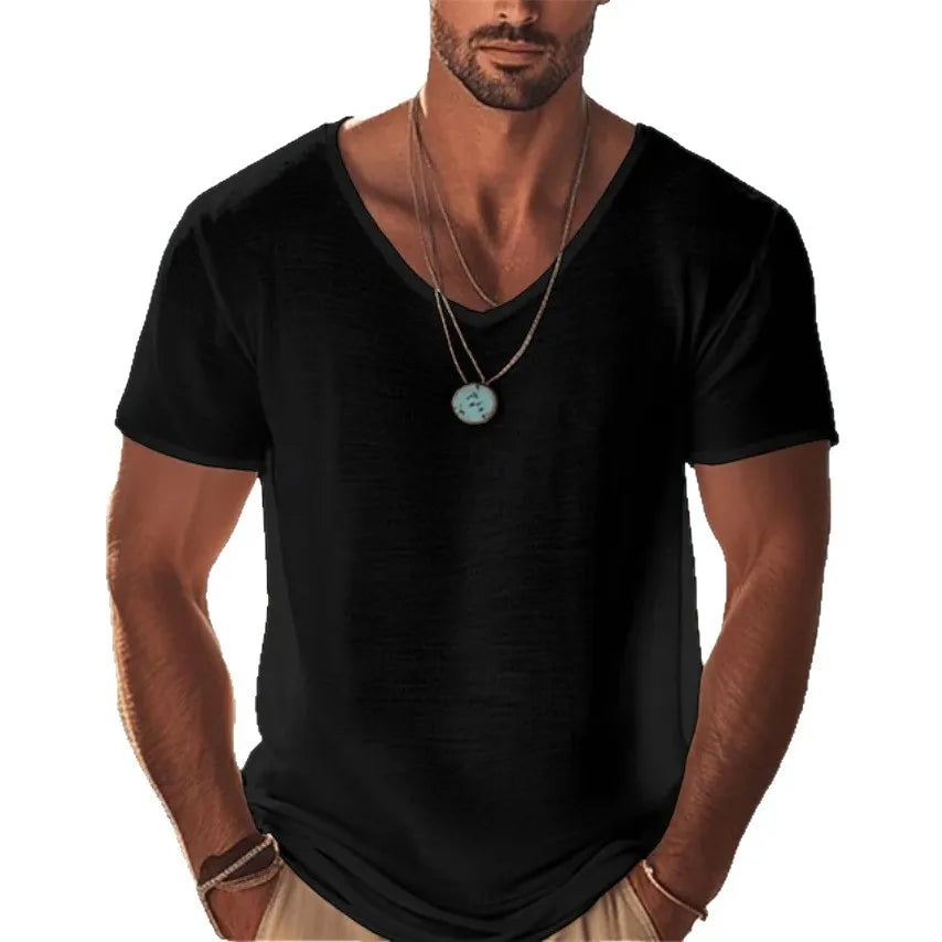 Men's Clothing Simple Solid Color Men's Short-sleeved Tee Pink Short-sleeved T-shirt Summer New Oversized Men's V-neck T-shirt