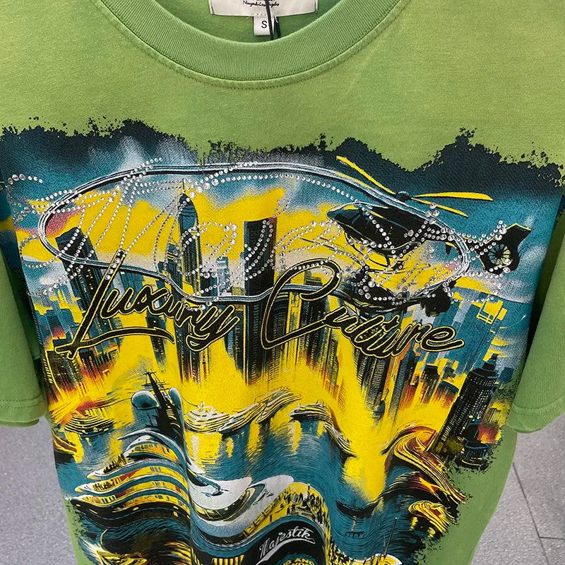 High Quality Men Woman Loose Retro Tee Washed Green Rhinestone Fashion MAJESTIK T Shirt Cotton Streetwear Graphic Print