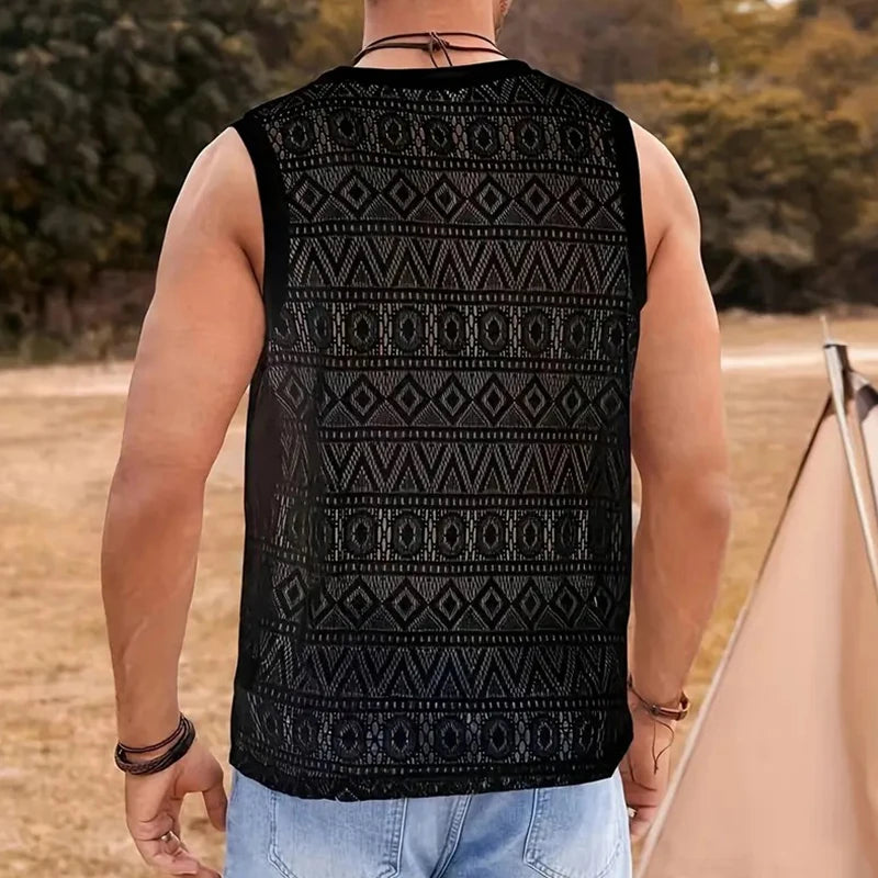 New Fashion Men Hollow Out Lace Tank Tops Summer Leisure Sports Sleeveless Gym Vests Slim-fit Tees Sexy Mesh Transparent T-shirt