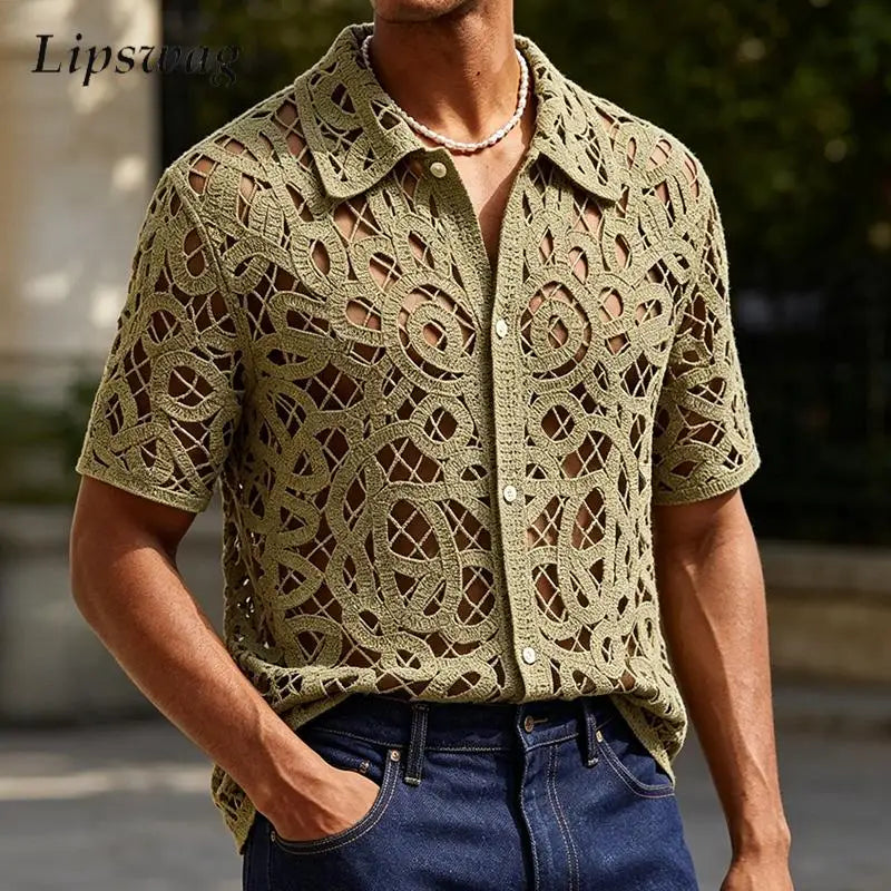 Vintage Florals Embroidery Crochet Knit Shirts Mens Summer Sexy See Through Hollow Out Shirt Outdoor Casual Men Short Sleeve Top
