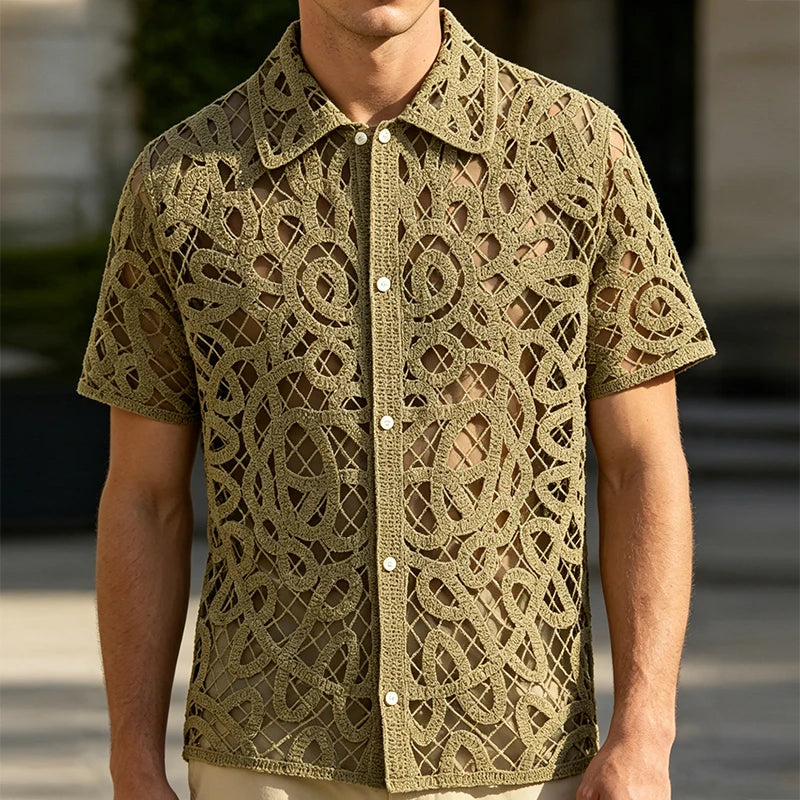 Vintage Florals Embroidery Crochet Knit Shirts Mens Summer Sexy See Through Hollow Out Shirt Outdoor Casual Men Short Sleeve Top