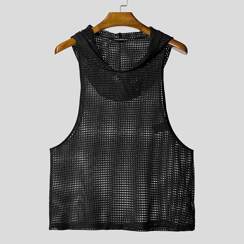 INCERUN Men Tank Tops Mesh Hollow Out Sexy See Through Hooded Sleeveless Male Vests Solid Streetwear Fashion Men Clothing S-3XL