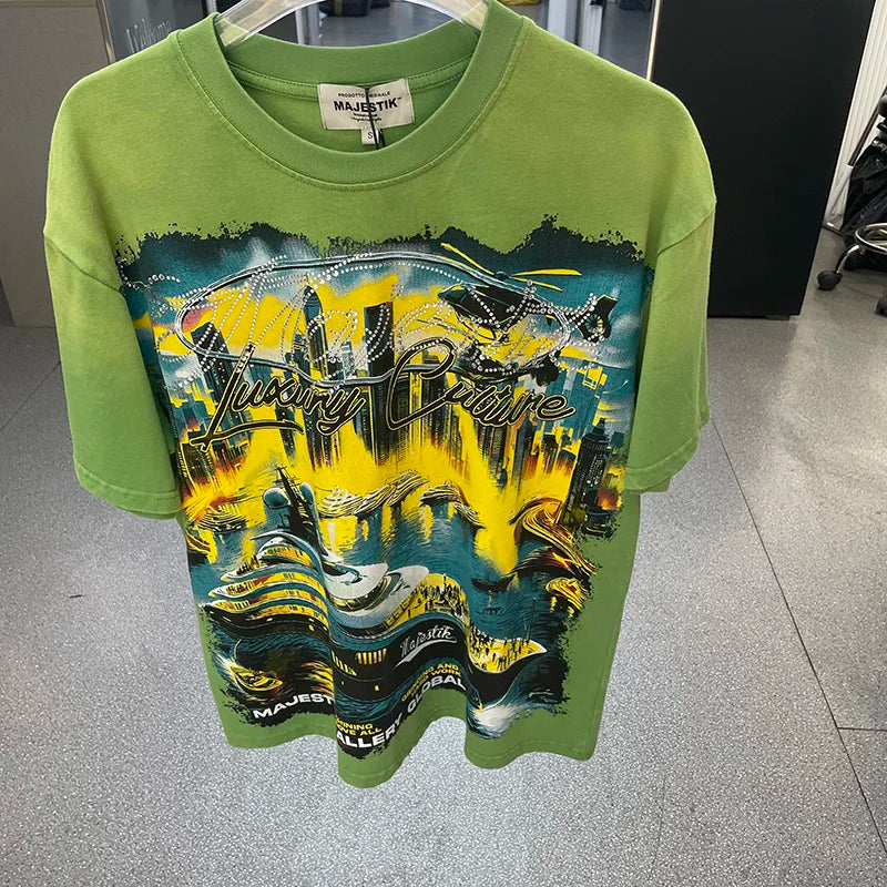 High Quality Men Woman Loose Retro Tee Washed Green Rhinestone Fashion MAJESTIK T Shirt Cotton Streetwear Graphic Print