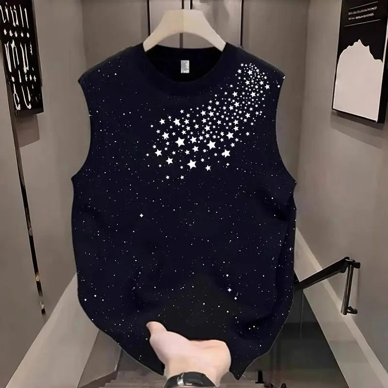 Starry Sky Print Sleeveless T-Shirt For Men Casual Trendy Summer Wear With Breathable Design