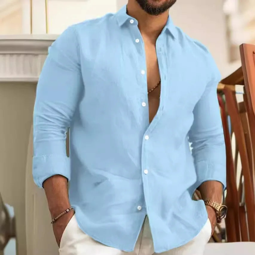 Solid Color Cotton Linen Plain Shirt Men Classic Button-up Lapel Long Sleeve Shirts Spring/ Summer Fashion Loose Mens Top Shirts