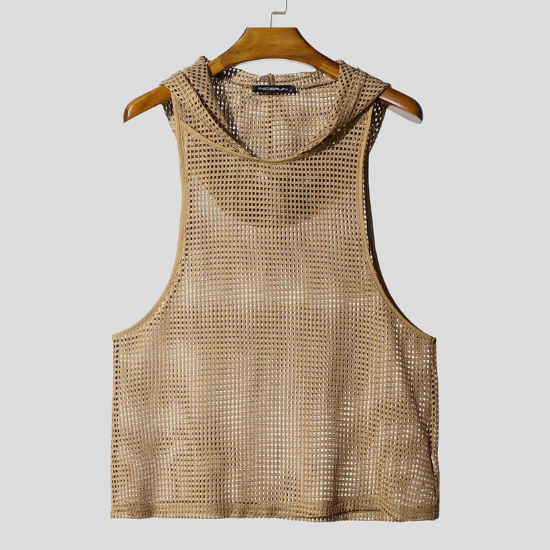 INCERUN Men Tank Tops Mesh Hollow Out Sexy See Through Hooded Sleeveless Male Vests Solid Streetwear Fashion Men Clothing S-3XL