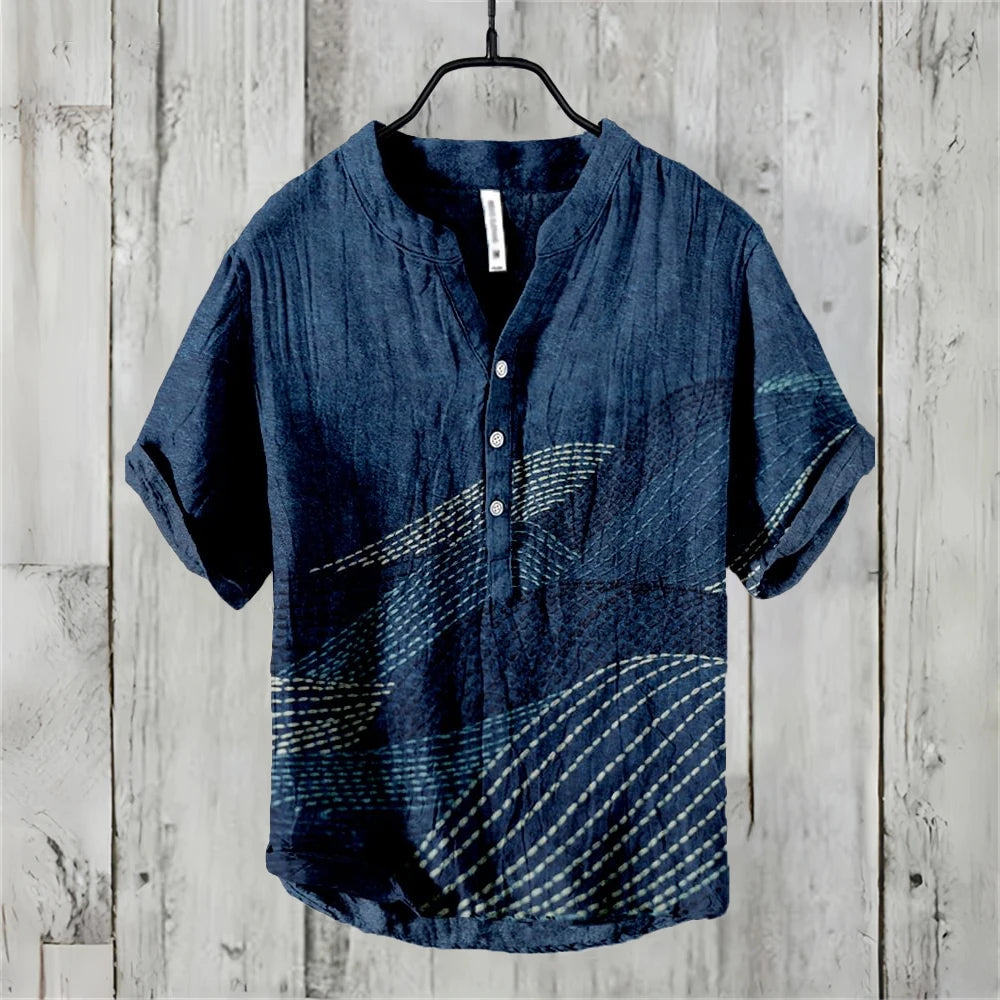 Men's short sleeve POLO shirt linen blend clothing retro line pattern Hawaiian holiday fashion comfortable men's tops