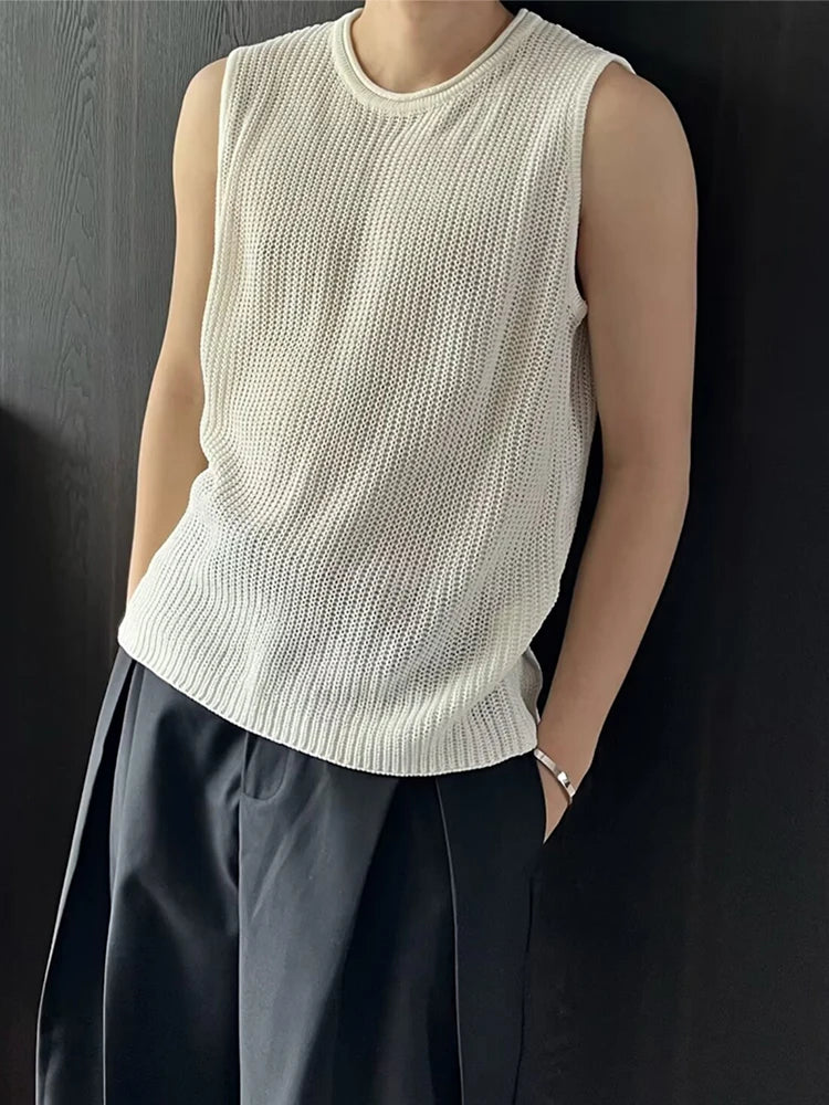Summer Seaside Beach Casual Hollow Out Tank Tops Men Vintage Solid Color Sleeveless Knit Camisoles Mens Stylish Crew Neck Vest