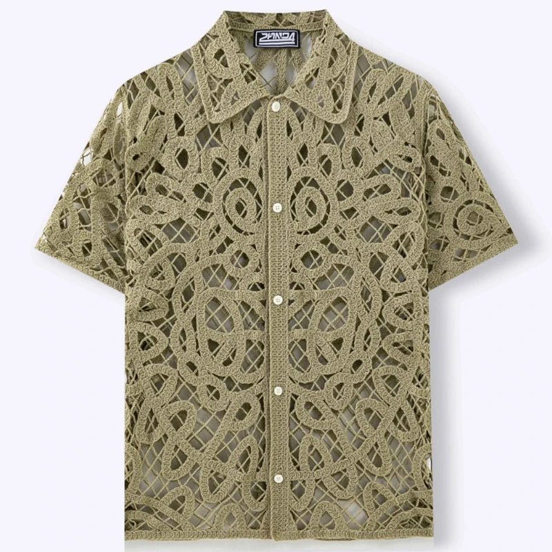 Vintage Florals Embroidery Crochet Knit Shirts Mens Summer Sexy See Through Hollow Out Shirt Outdoor Casual Men Short Sleeve Top