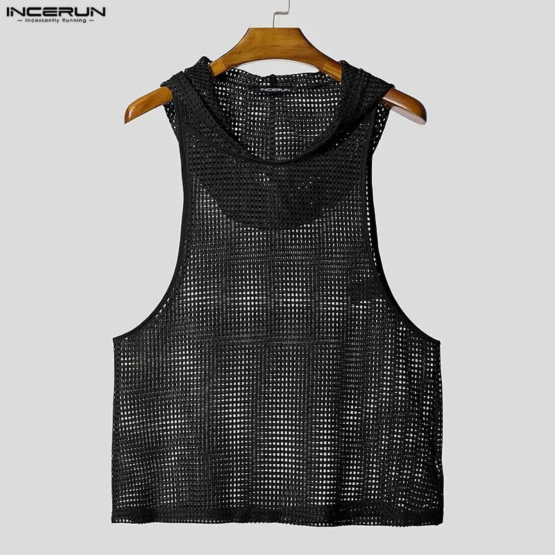 INCERUN Men Tank Tops Mesh Hollow Out Sexy See Through Hooded Sleeveless Male Vests Solid Streetwear Fashion Men Clothing S-3XL