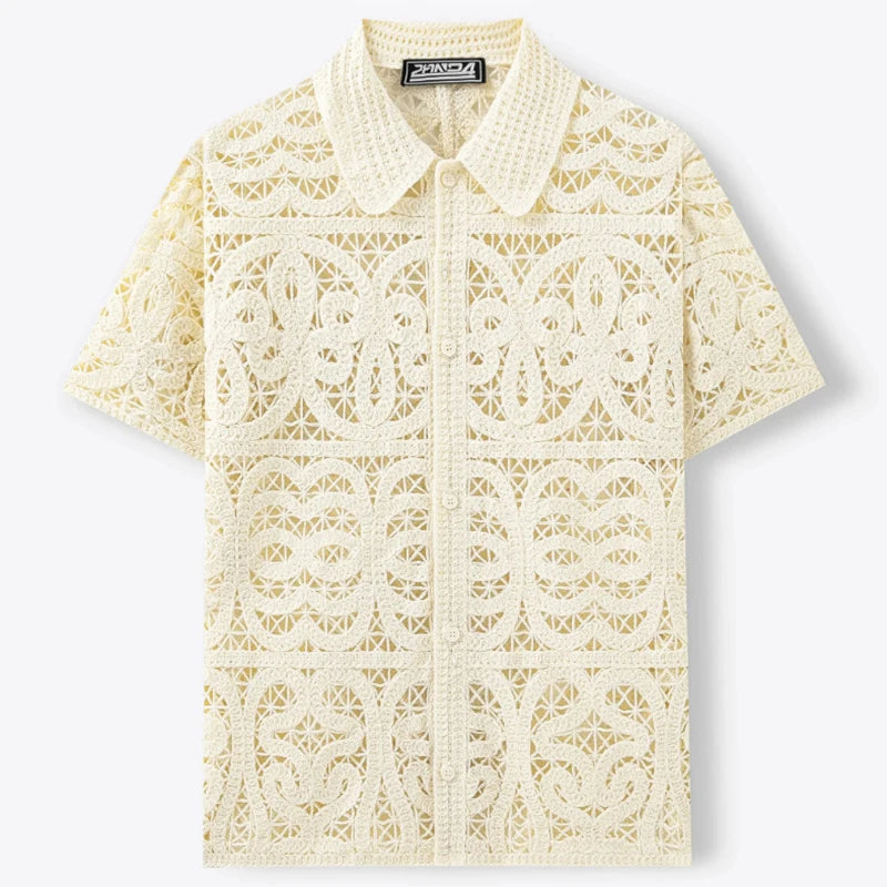 2026 Summer Vacation Beach Vintage Shirts Mens Knitted Hollow Out Crochet Knit Shirt Tops Men Outdoor Casual Short Sleeve Shirts