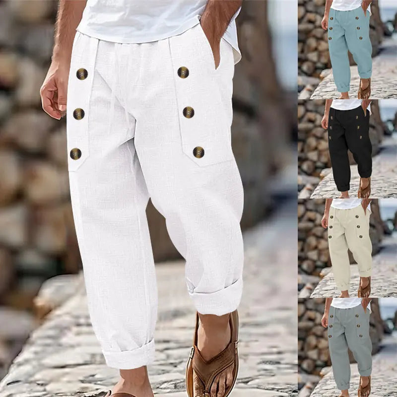 2024 Casual Weiyi Beach Men's Trousers Spring and Autumn Leisure Multi-Button Comfortable Cotton and Linen Loose Trousers