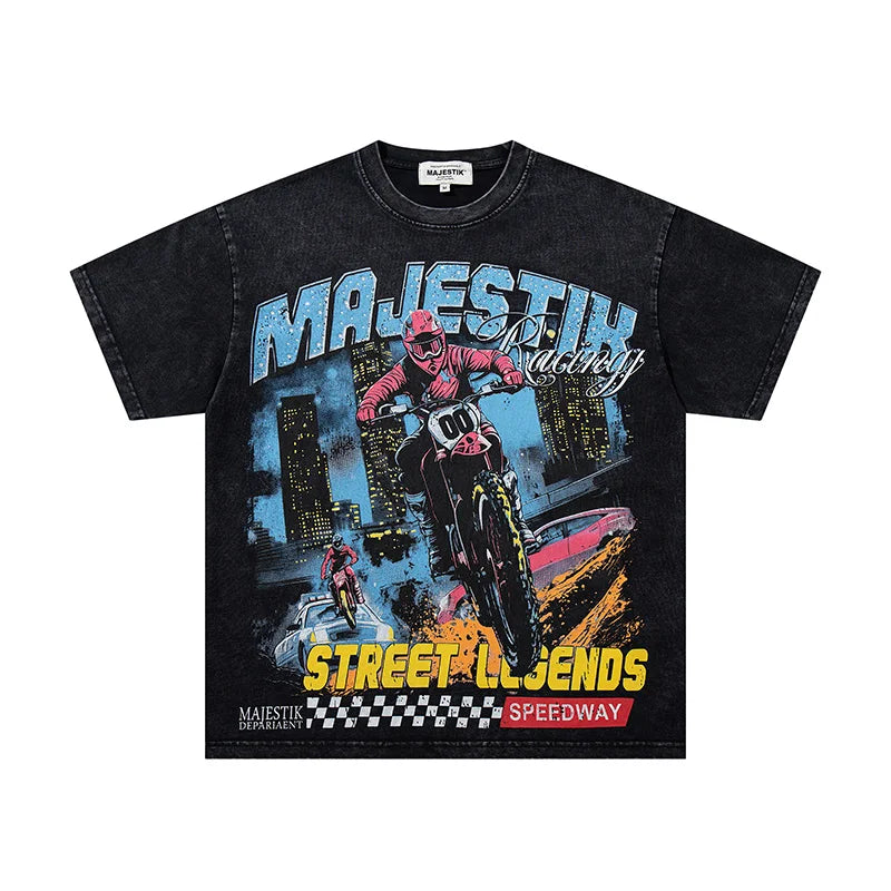 High Quality Men Woman Loose Retro Tee Washed Green Rhinestone Fashion MAJESTIK T Shirt Cotton Streetwear Graphic Print