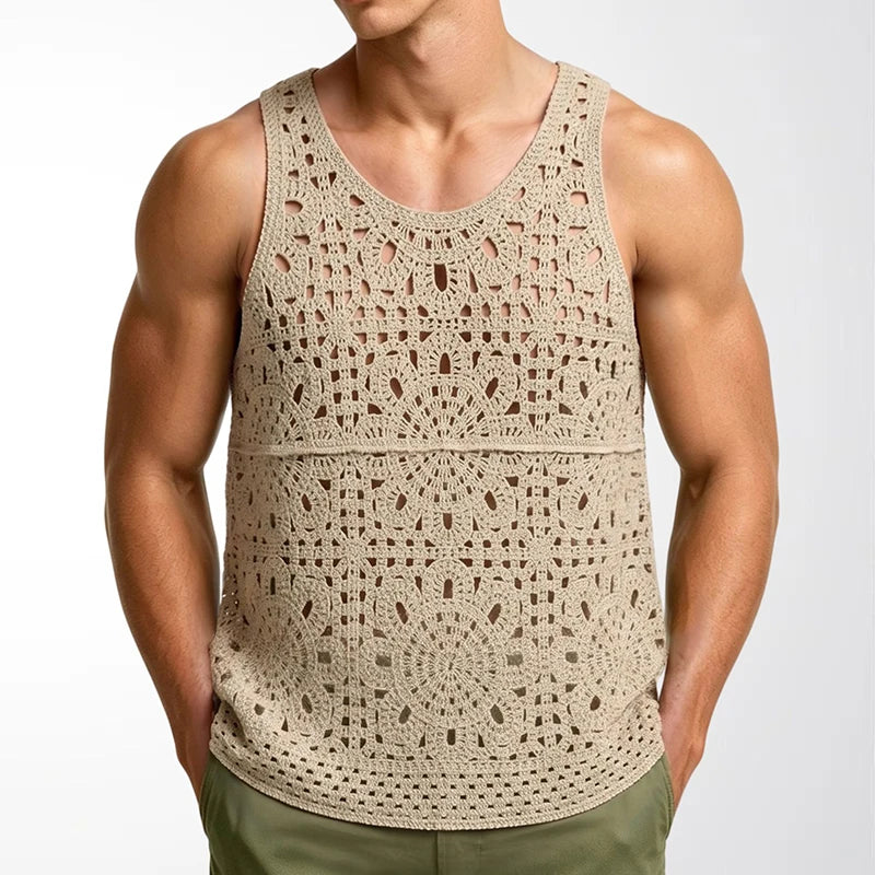 Sexy Hollow Out Knit Crochet Tank Tops Mens Summer New Casual Breathable See Through Vest Shirt Men Stylish Sleeveless Camisoles