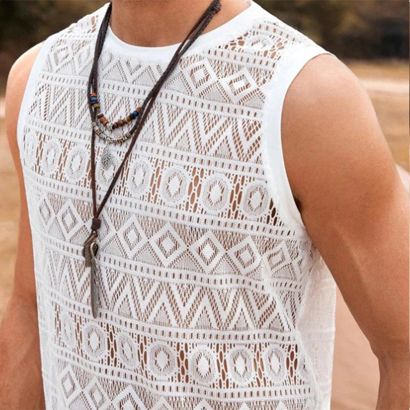 New Fashion Men Hollow Out Lace Tank Tops Summer Leisure Sports Sleeveless Gym Vests Slim-fit Tees Sexy Mesh Transparent T-shirt