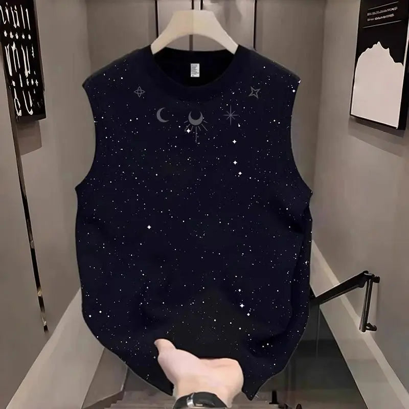 Starry Sky Print Sleeveless T-Shirt For Men Casual Trendy Summer Wear With Breathable Design