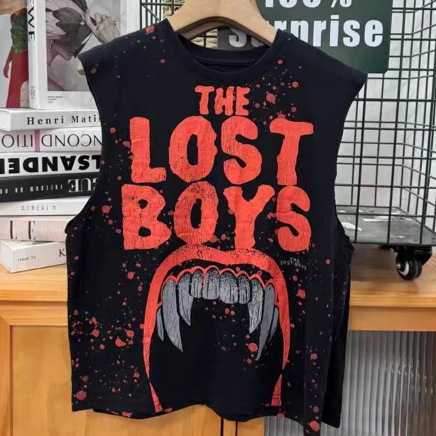 Streetwear Vintage Blood Teeth Graphic Print Oversized Vest Sweatshirt Men Women Harajuku Sleeveless Tops Gothic Round Neck Vest