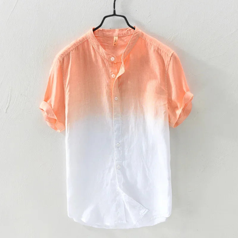 Short-sleeved shirt 100% linen cool breathable comfortable healthy material gradient blue Hawaiian beach men's cardigan shirt