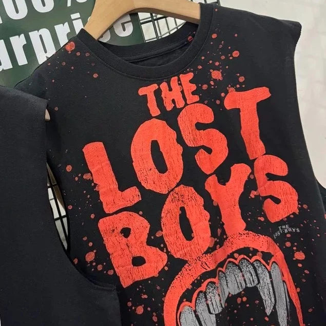 Streetwear Vintage Blood Teeth Graphic Print Oversized Vest Sweatshirt Men Women Harajuku Sleeveless Tops Gothic Round Neck Vest