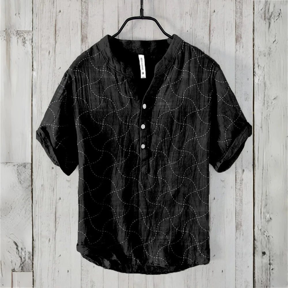 Men's short sleeve POLO shirt linen blend clothing retro line pattern Hawaiian holiday fashion comfortable men's tops