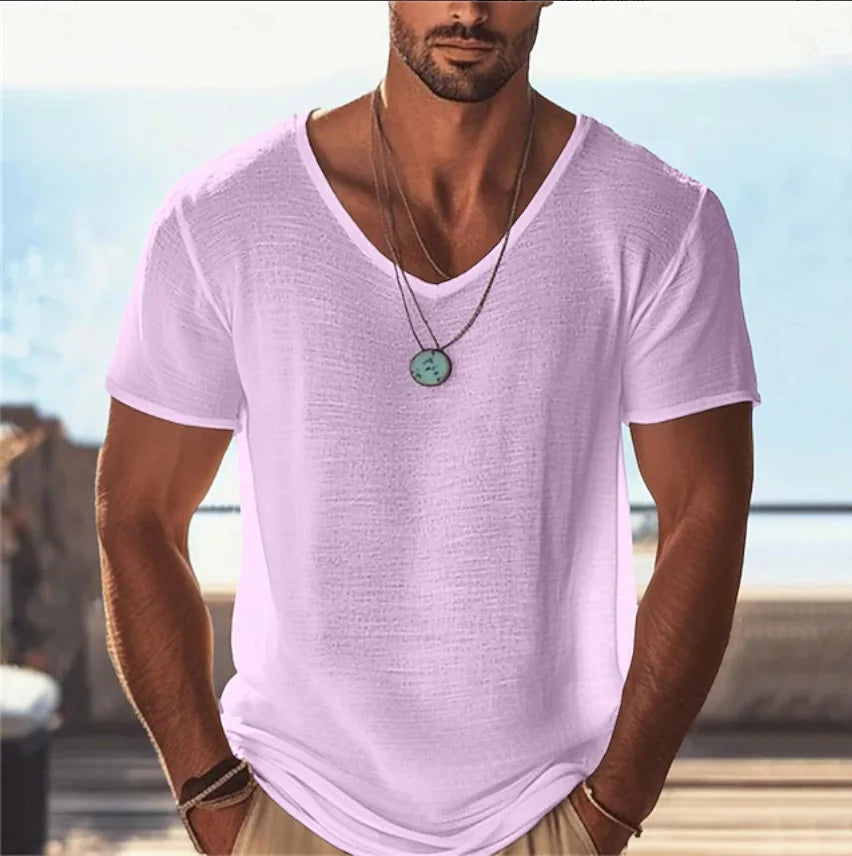 Men's Clothing Simple Solid Color Men's Short-sleeved Tee Pink Short-sleeved T-shirt Summer New Oversized Men's V-neck T-shirt