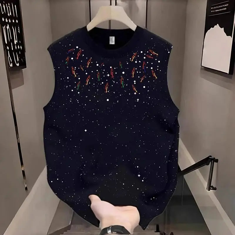 Starry Sky Print Sleeveless T-Shirt For Men Casual Trendy Summer Wear With Breathable Design