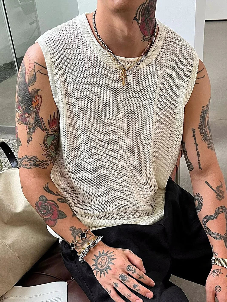 Summer Seaside Beach Casual Hollow Out Tank Tops Men Vintage Solid Color Sleeveless Knit Camisoles Mens Stylish Crew Neck Vest
