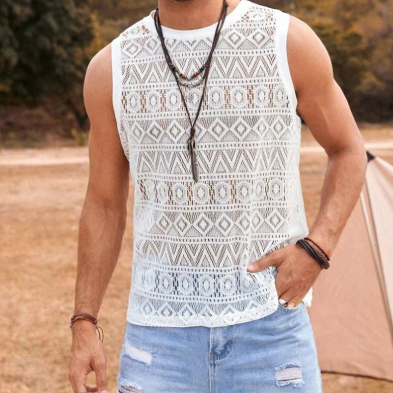 New Fashion Men Hollow Out Lace Tank Tops Summer Leisure Sports Sleeveless Gym Vests Slim-fit Tees Sexy Mesh Transparent T-shirt