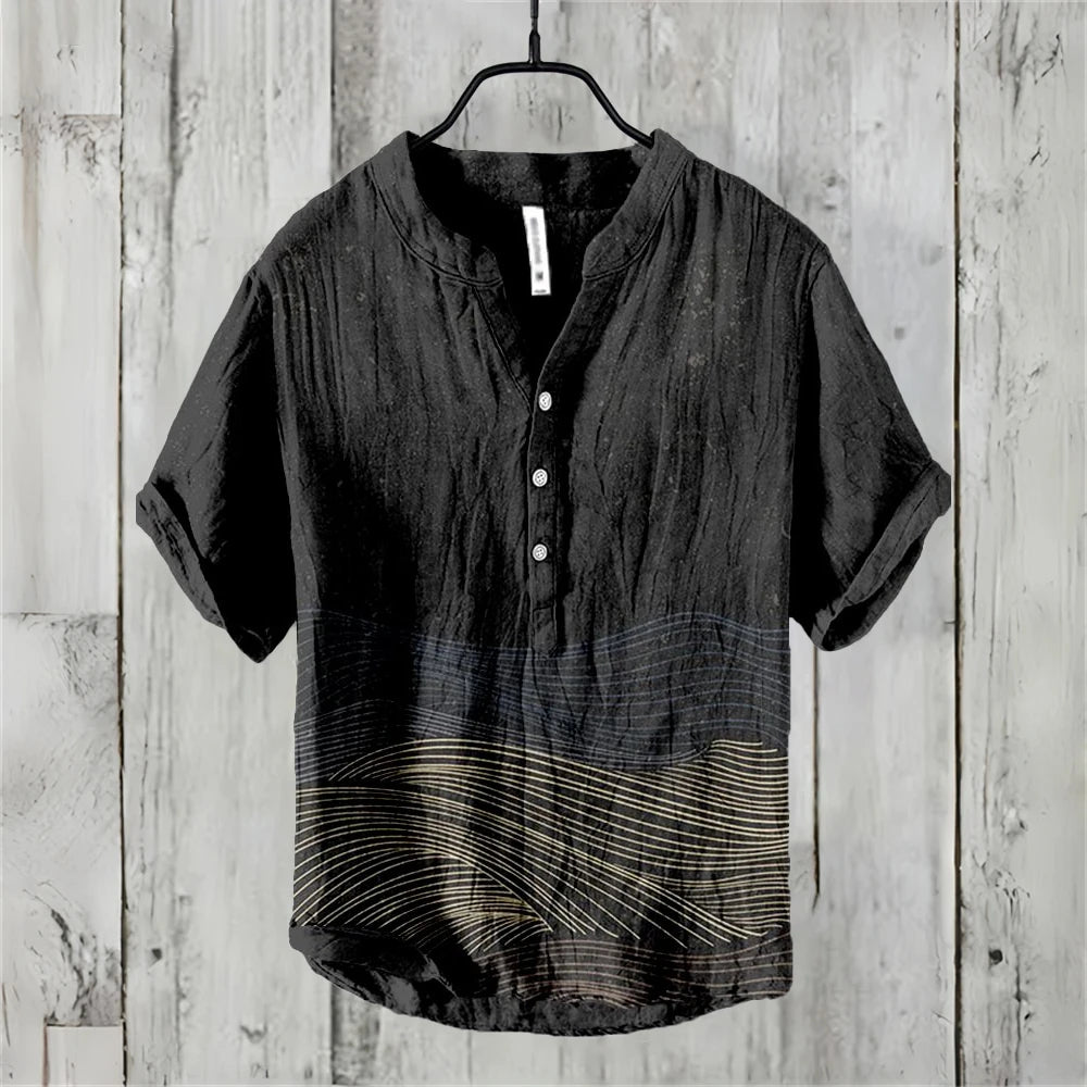 Men's short sleeve POLO shirt linen blend clothing retro line pattern Hawaiian holiday fashion comfortable men's tops
