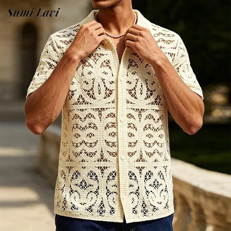 2026 Summer Vacation Beach Vintage Shirts Mens Knitted Hollow Out Crochet Knit Shirt Tops Men Outdoor Casual Short Sleeve Shirts