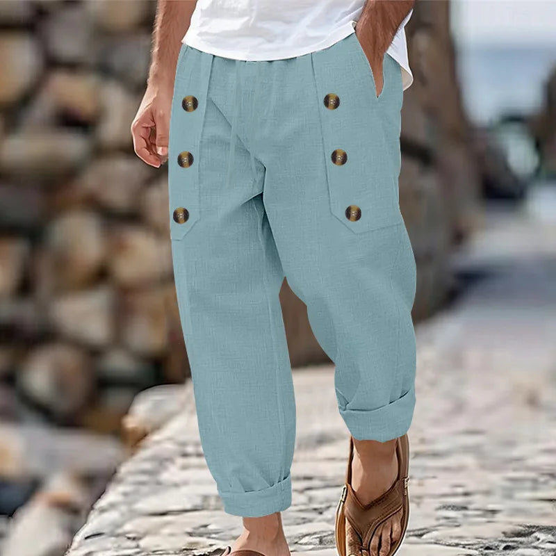 2024 Casual Weiyi Beach Men's Trousers Spring and Autumn Leisure Multi-Button Comfortable Cotton and Linen Loose Trousers