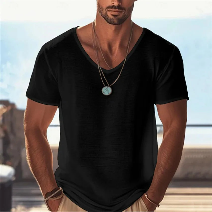 Men's Clothing Simple Solid Color Men's Short-sleeved Tee Pink Short-sleeved T-shirt Summer New Oversized Men's V-neck T-shirt