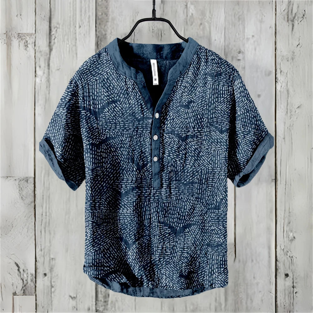 Men's short sleeve POLO shirt linen blend clothing retro line pattern Hawaiian holiday fashion comfortable men's tops