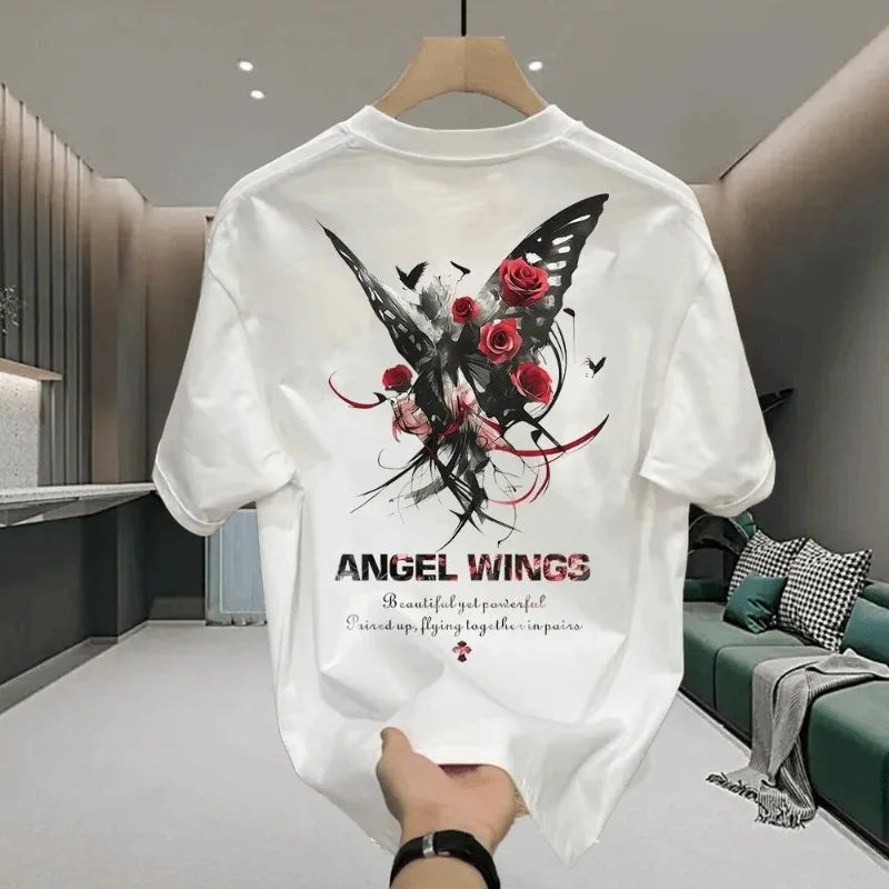 Men's Cotton Fitted T-shirts 5XL Black T Shirt for Men Casual Summer Wear Fashion Butterfly Print Tee Shirts White Men Clothing