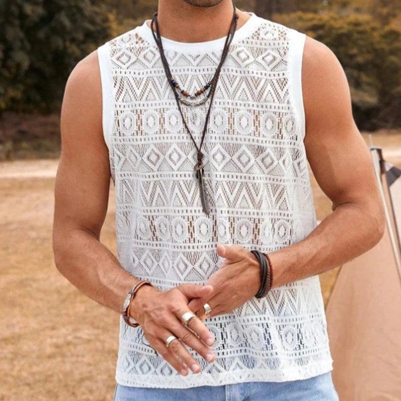 New Fashion Men Hollow Out Lace Tank Tops Summer Leisure Sports Sleeveless Gym Vests Slim-fit Tees Sexy Mesh Transparent T-shirt
