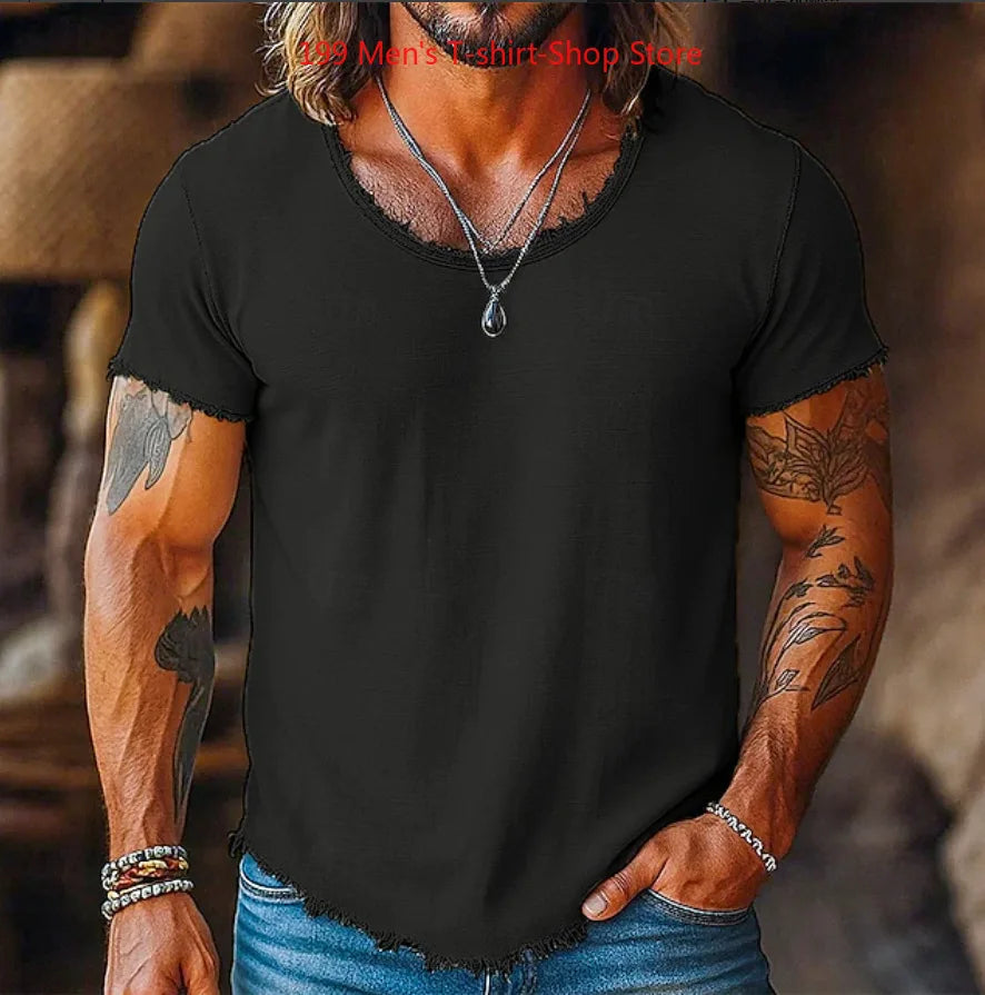 Camiseta Casual de Moda para Hombre, Primavera 2026, Manga Corta, Color Sólido, Corte Holgado