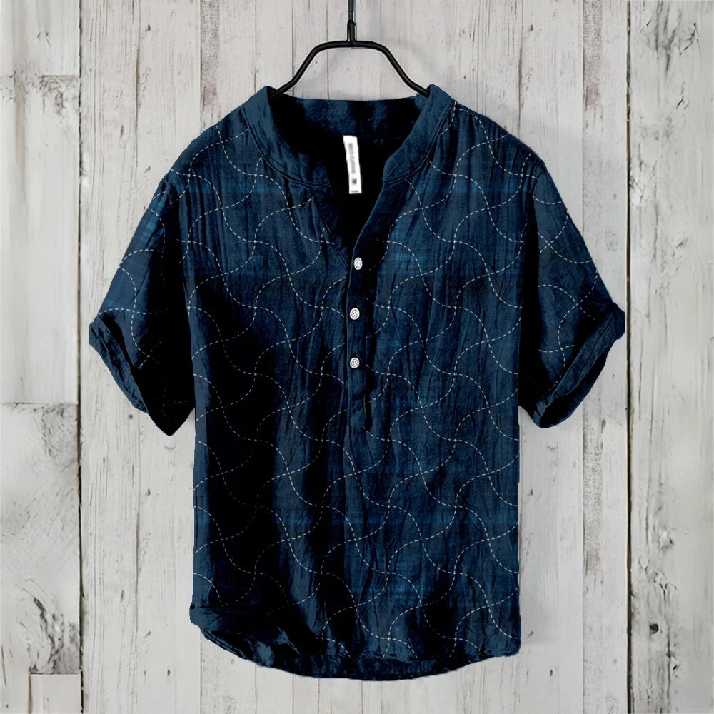 Men's short sleeve POLO shirt linen blend clothing retro line pattern Hawaiian holiday fashion comfortable men's tops