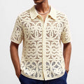 2026 Summer Vacation Beach Vintage Shirts Mens Knitted Hollow Out Crochet Knit Shirt Tops Men Outdoor Casual Short Sleeve Shirts
