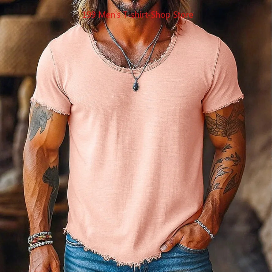 Camiseta Casual de Moda para Hombre, Primavera 2026, Manga Corta, Color Sólido, Corte Holgado
