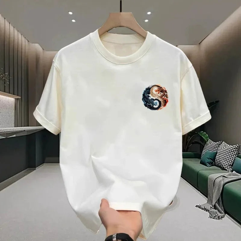 Men's Cotton T-shirts White 5XLT Shirt for Men Casual Summer Wear Chinese Loong Print Tee Shirts Black Men Clothing Fashion