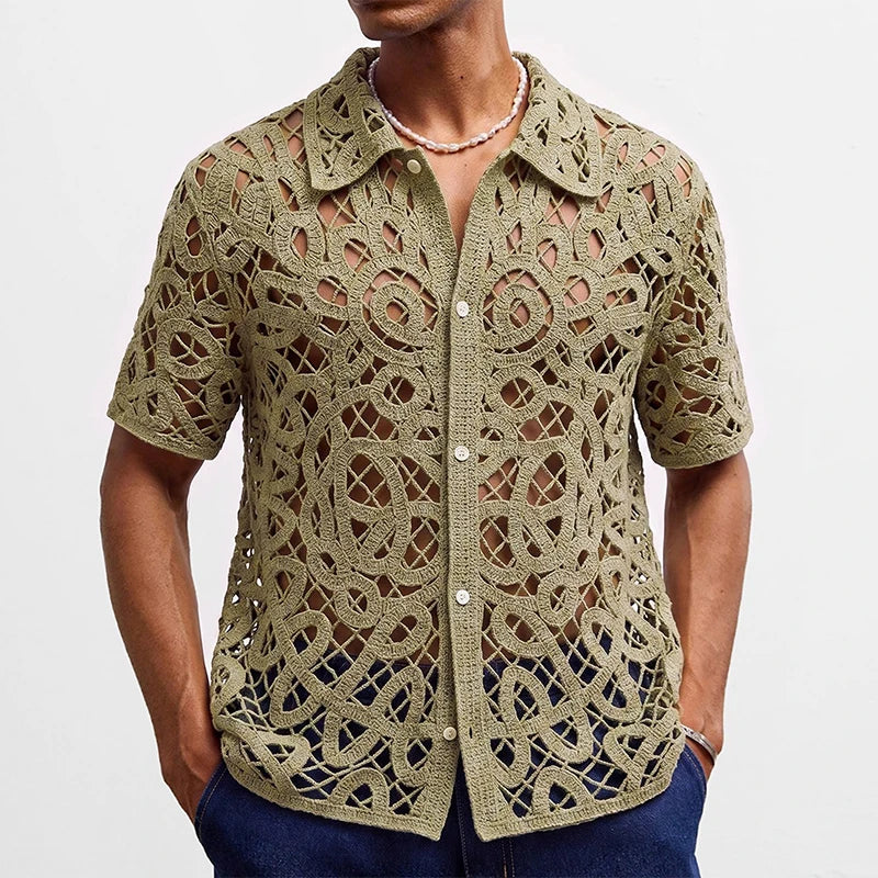 Vintage Florals Embroidery Crochet Knit Shirts Mens Summer Sexy See Through Hollow Out Shirt Outdoor Casual Men Short Sleeve Top